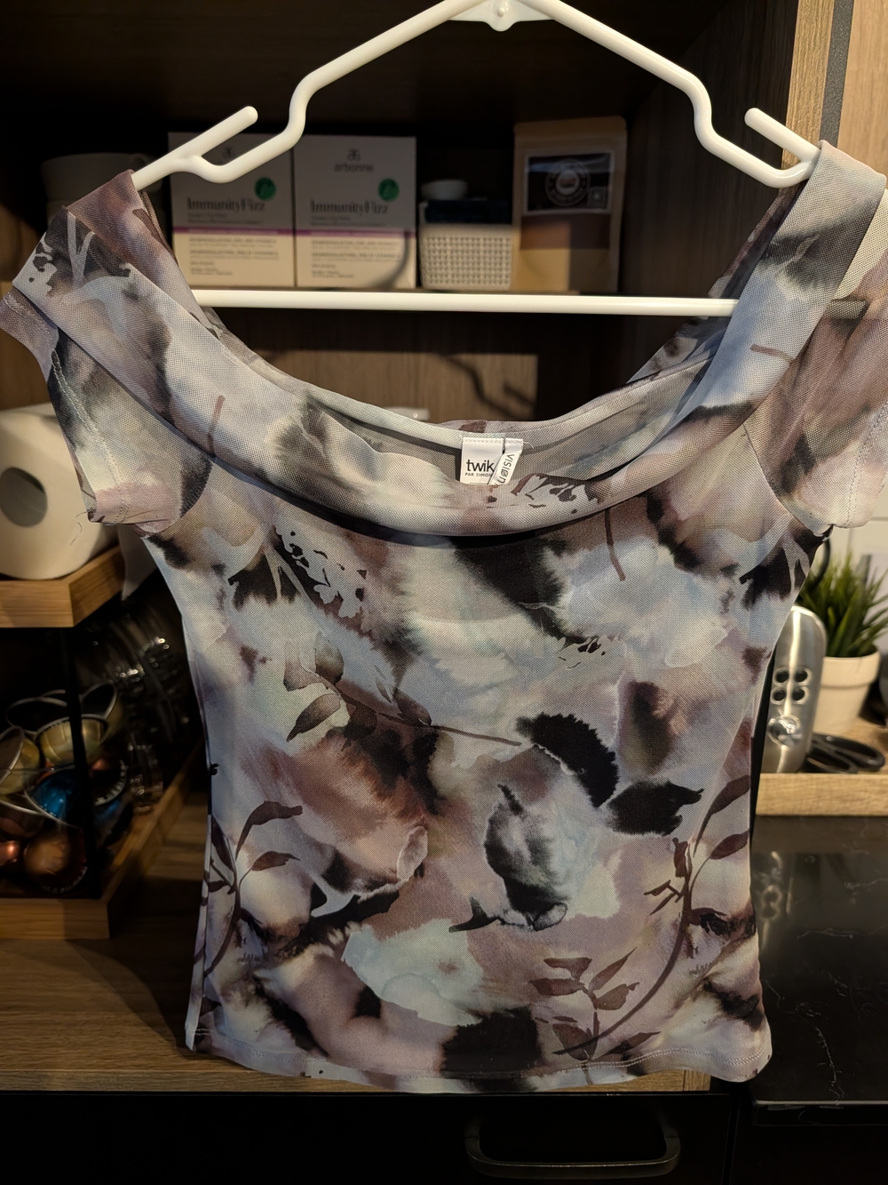 twik Lavender and Black Floral Off-Shoulder Short Sleeve Top